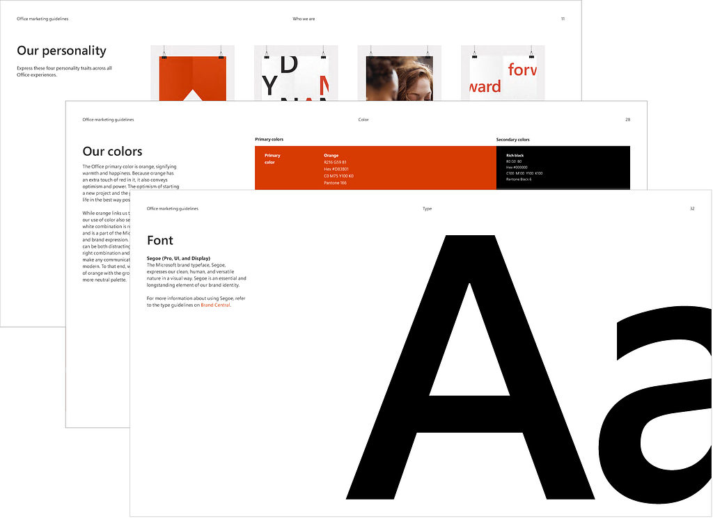 Office brand guideline examples including personality, colors, and font.