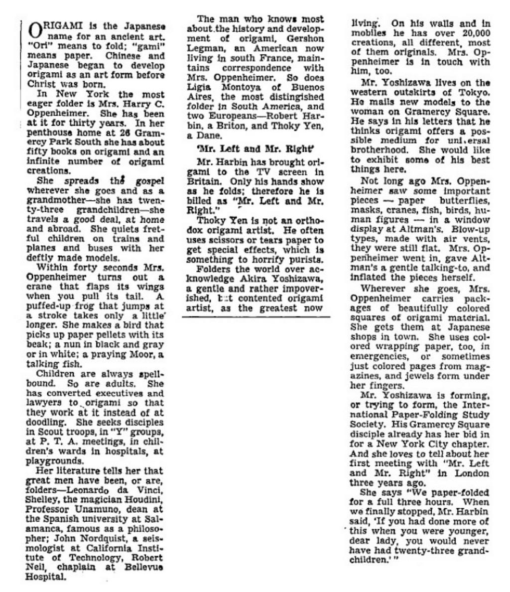 The 1958 New York Times clip, featuring the fateful article that brought Lillian Oppenheimer and origami into the American spotlight.
