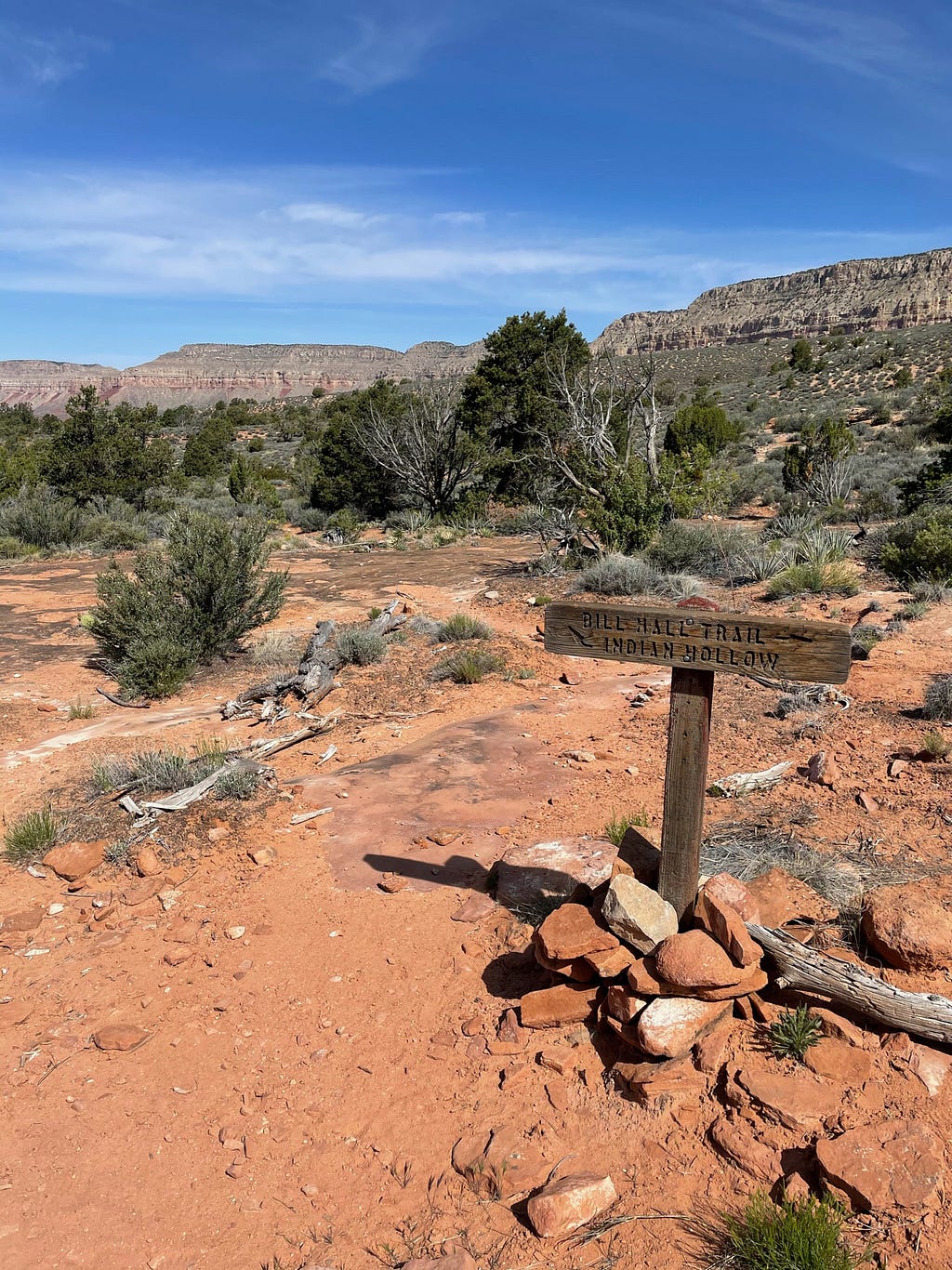 Trail sign showing the junction of Bill Hall and Indian Hollow trails in the Grand Canyon.
