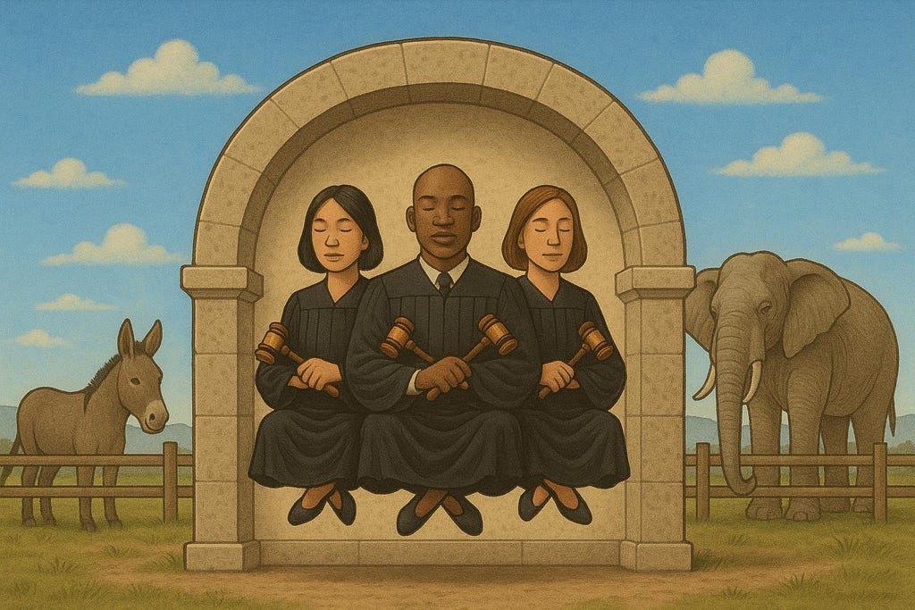 Three judges float serenely, protected by a stone structure. On the sides of the structure fences prevent a donkey and an elephant from approaching the judges.