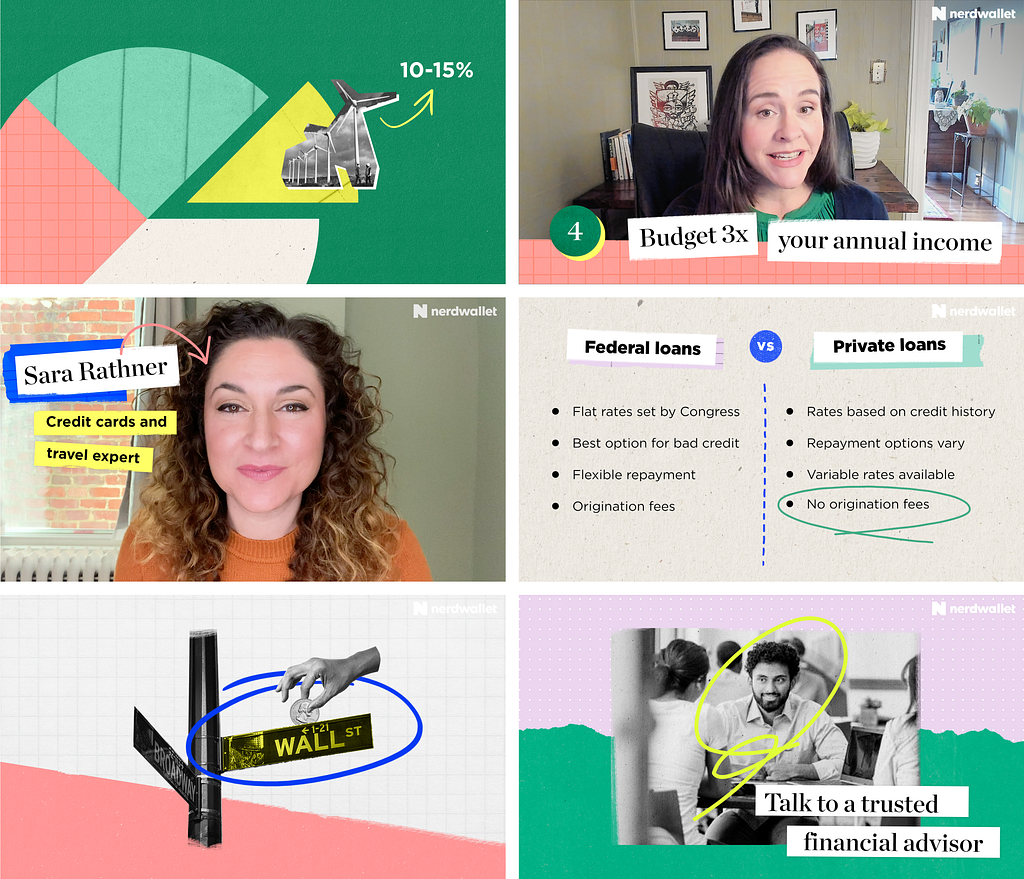 Layout examples of the NerdWallet Youtube visual design system, featuring a mixed collage aesthetic