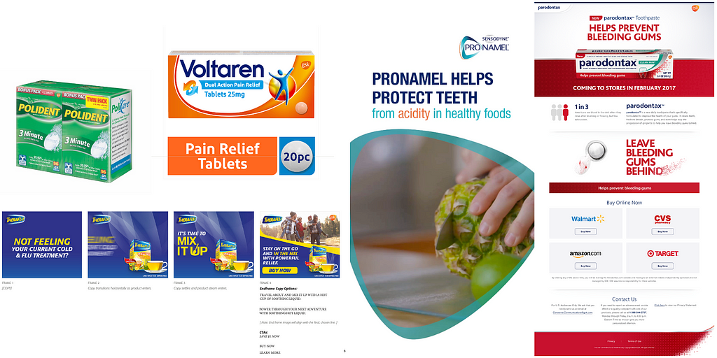 A selection of product images showing examples of digital asset files at Haleon with product packshots of Polident, Voltaren, Sensodyne and Theraful.