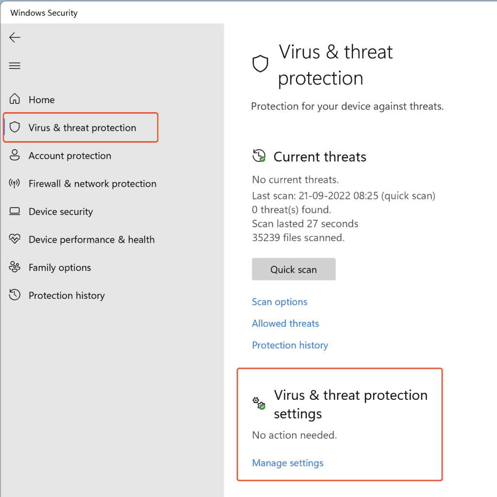 Click on Manage settings under Virus & threat protection settings