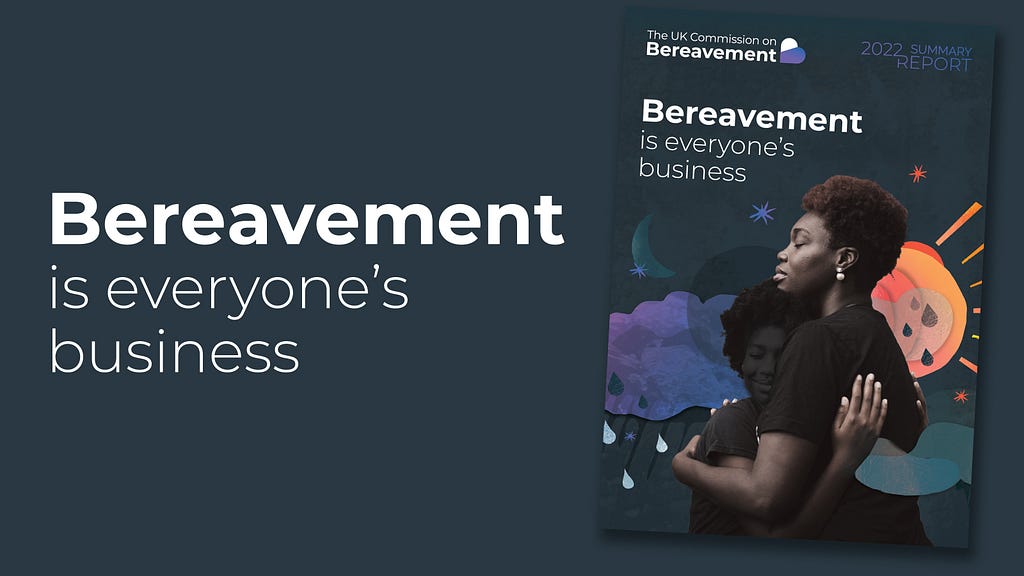 Navy graphic featuring an illustration of the UKCB’s latest report. Text reads: Bereavement is everyone’s business.