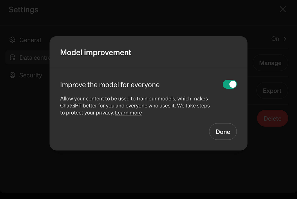 Screenshot of opening the setting ‘Improve the model for everyone’ in the ‘data controls’ section of ChatGPT.
