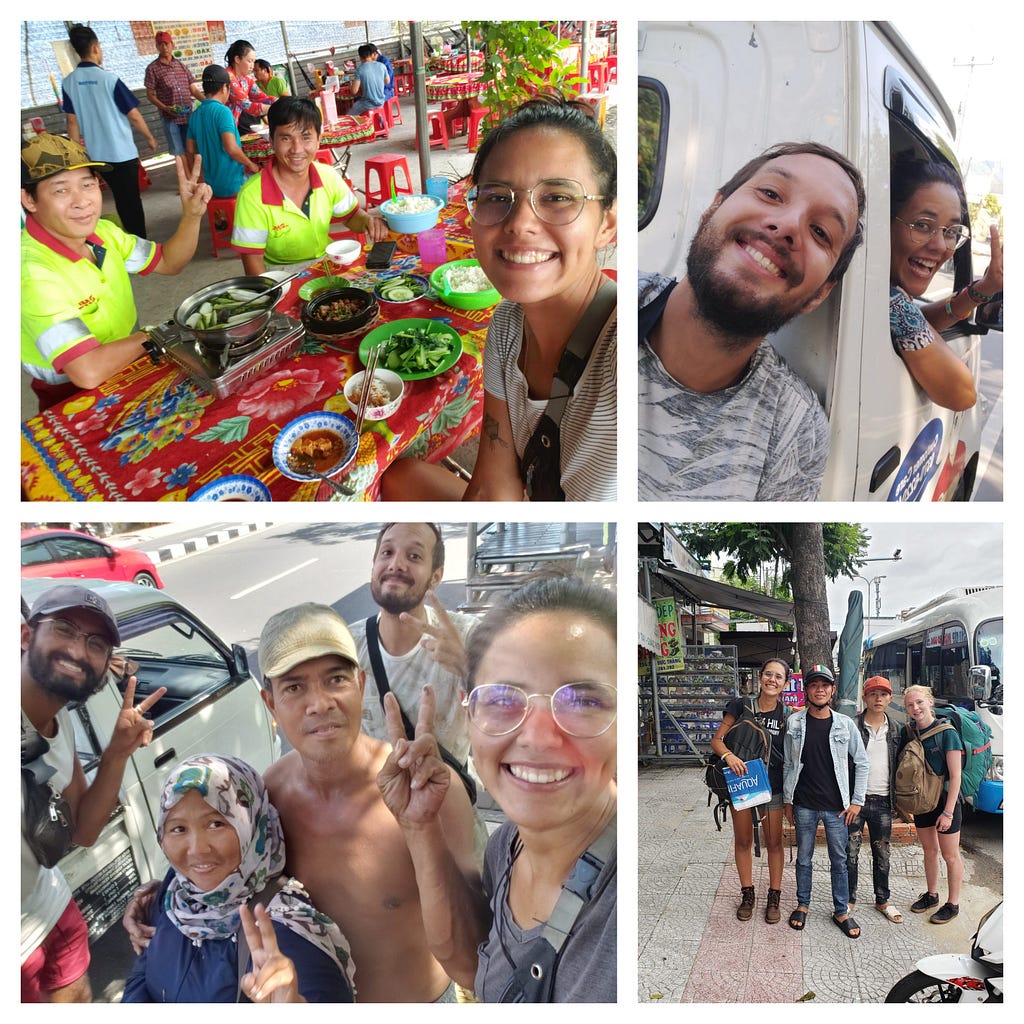 Four different pictures of Letícia and her friends with the many different people that gave them lifts along their journey.