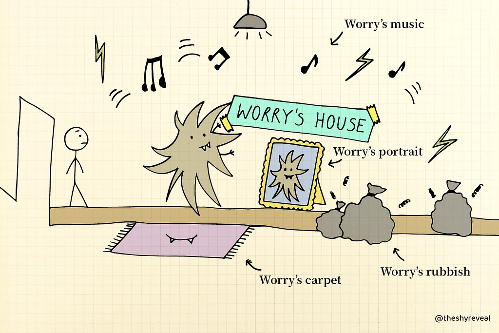 Worry (the creature) rearranging the entire house, with its rubbish, its music, and its objects.