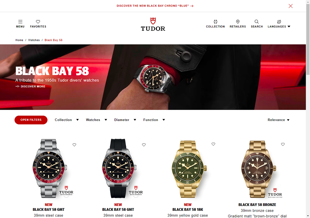 Tudor Black Bay Fifty-Eight watches on the official website