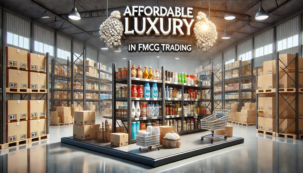 affordable luxury in FMCG trading. The image features a modern warehouse with neatly organized shelves filled with various FMCG products, including gourmet foods, personal care items, and everyday essentials. The setting is bright and professional, with a touch of luxury indicated by the premium brands displayed.