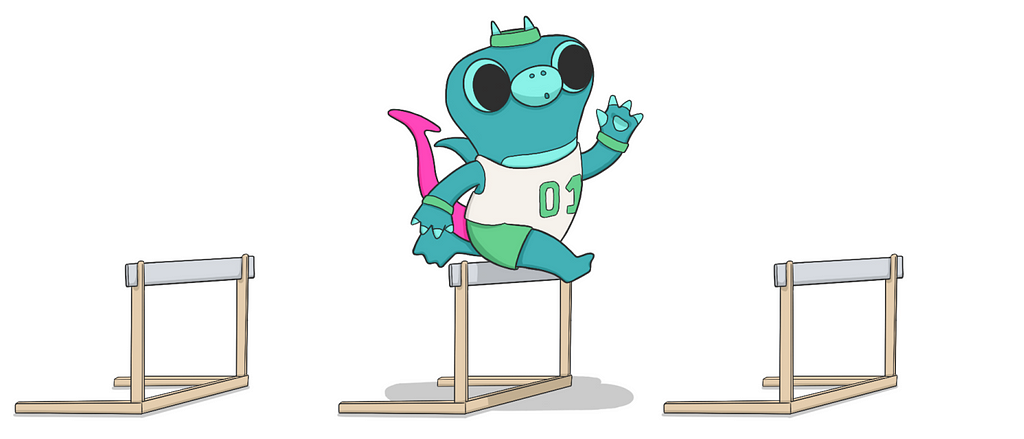 A drawing of Sparky the boldstart mascot dressed in athletics gear, jumping over the second of three hurdles.