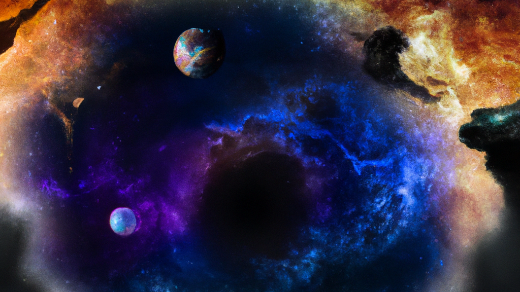 Digital art of worlds swirling in space.