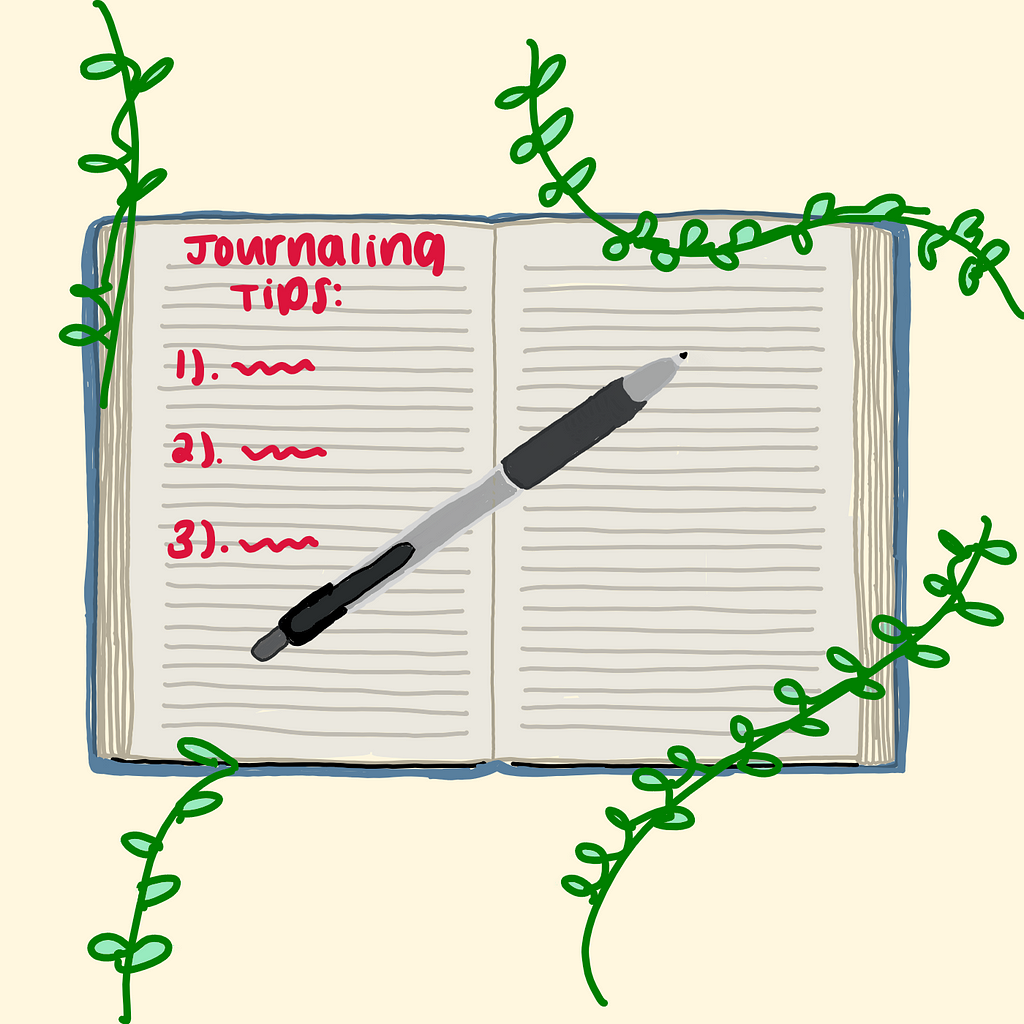 Vines surround an open blue journal with a pen in the middle. On the open page, a list of “Journaling Tips” with 3 points are scribbled in with red ink.