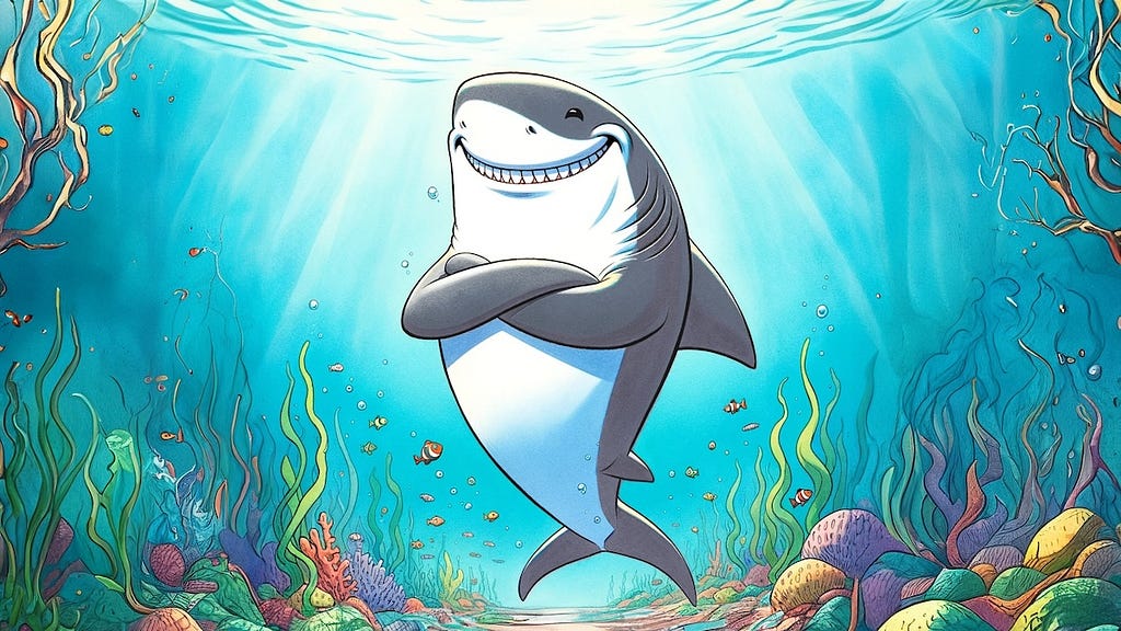 A cartoon-style illustration, featuring a proud and happy shark. The shark is depicted floating upright in the water, with a big, contented smile on its face, exuding a sense of pride and joy. Its body language is relaxed yet confident, giving it a charming and personable appearance. The underwater background is whimsical and colorful, with stylized coral, seaweed, and small, playful fish swimming around.