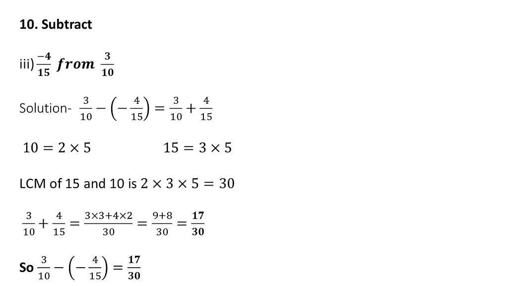 Subtraction of rational numbers questions and answers