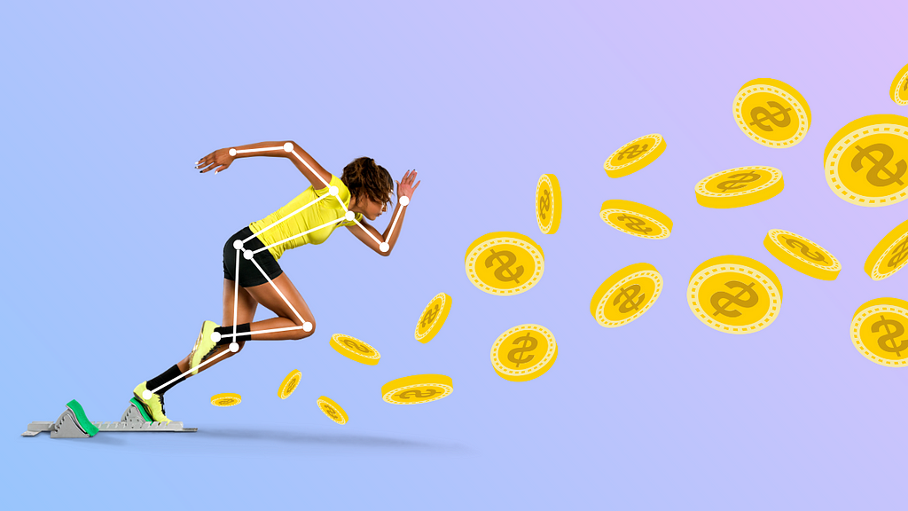 Image shows a female athlete running, with dots drawn on her shoulder, elbow, hip, knee, ankle, and wrist joints using an AI technique called Pose Estimation. She is running towards cartoon coins that hang in the air ahead of her, representing crypto currencies.