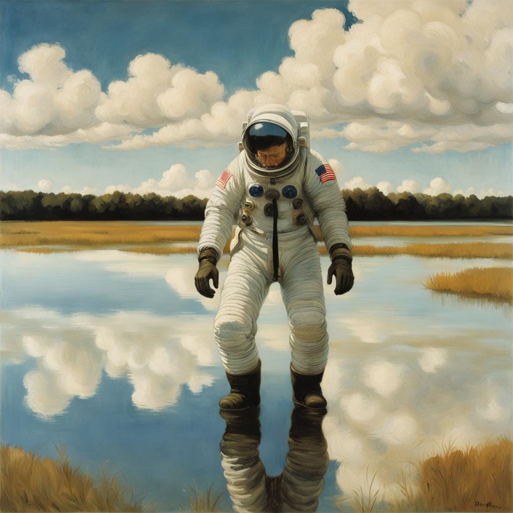 An astronaut looking down at a shallow pool of water on Earth