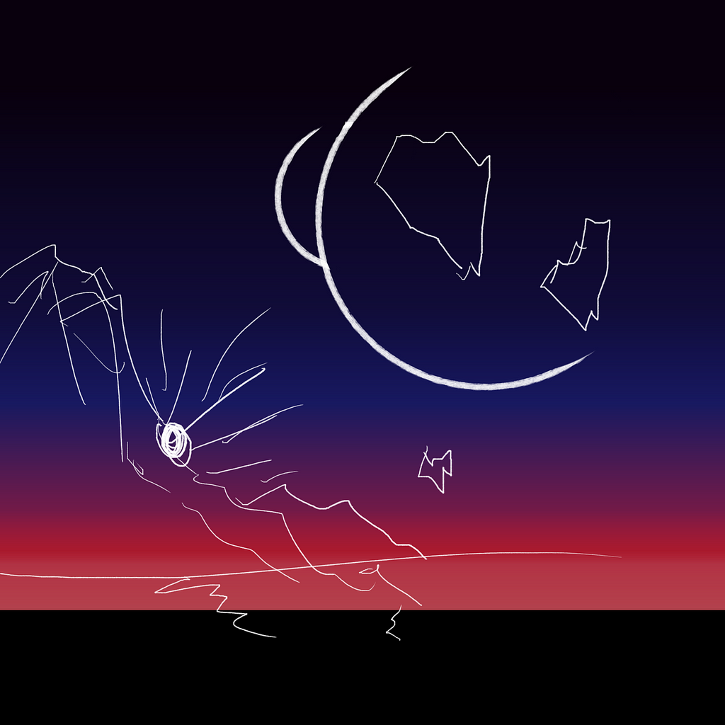 An initial rough sketch of the final Expert Lobby Soundtrack album cover. White lines depict the rough shape of mountains, moons, the sun, and floating islands, in front of a harsh gradient that would eventually become the color of the sky. The floating islands are not in the final album cover.