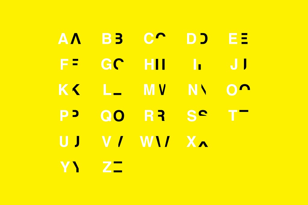 An Image designed by Daniel Britton that depicts the alphabet using the original typeface and his dyslexic version. The original typeface is white and the dyslexic version is black, these are side by side on a yellow background.