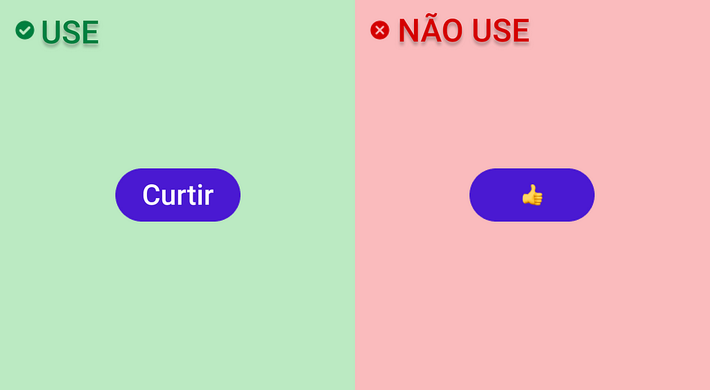 Imagem dividida ao meio, verticalmente, entre uma parte verde, à esquerda, com o título “Use”, e uma parte vermelha, à direita, com o título “Não use”. Na parte “Use”, há um botão com a palavra Curtir. Na parte "Não use", há um botão com o emoji 👍.