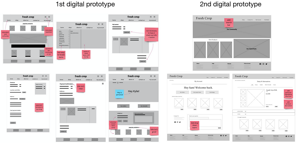 screenshots showing feedback notes on digital prototypes 1 and 2