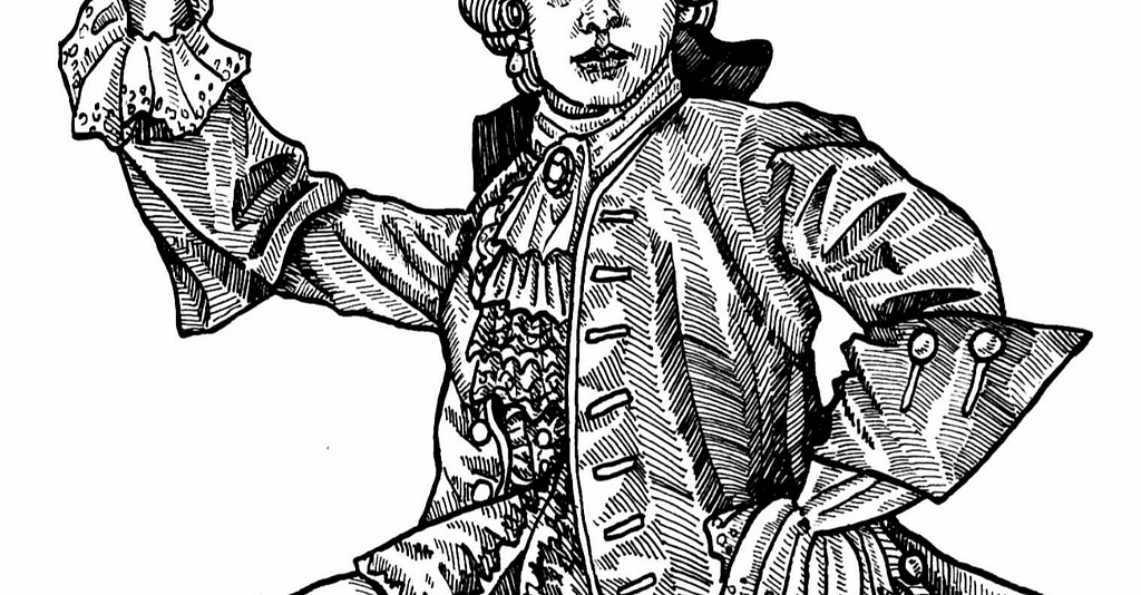 A cropped section of a pen and ink illustration of a man in an 18th century coat, lace sleeves, and heavily ruffled shirt with lace and jewelled brooch and the underside of his face showing curls of a wig