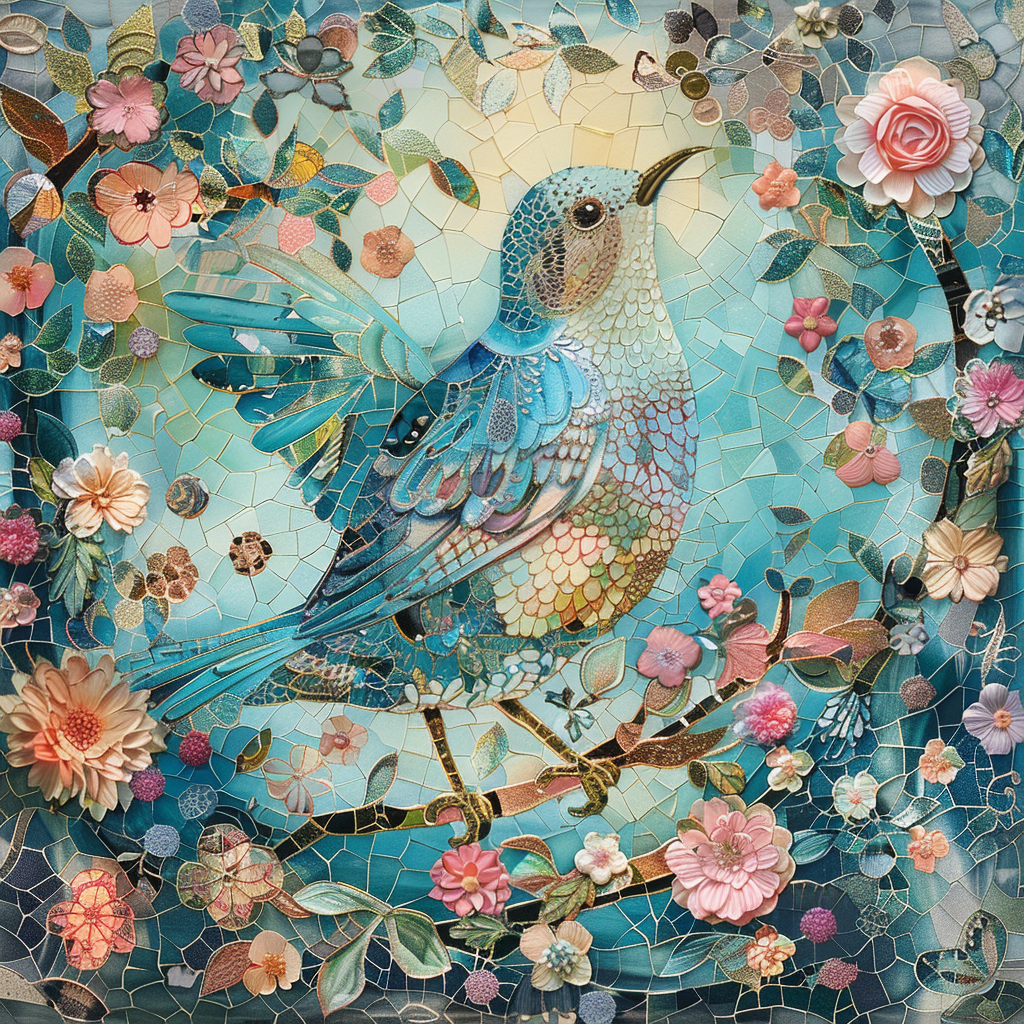 Mosiac art, a bird and flowers around, dreamy fantasy, breathtaking, pastel color of light cyan, pink and amber