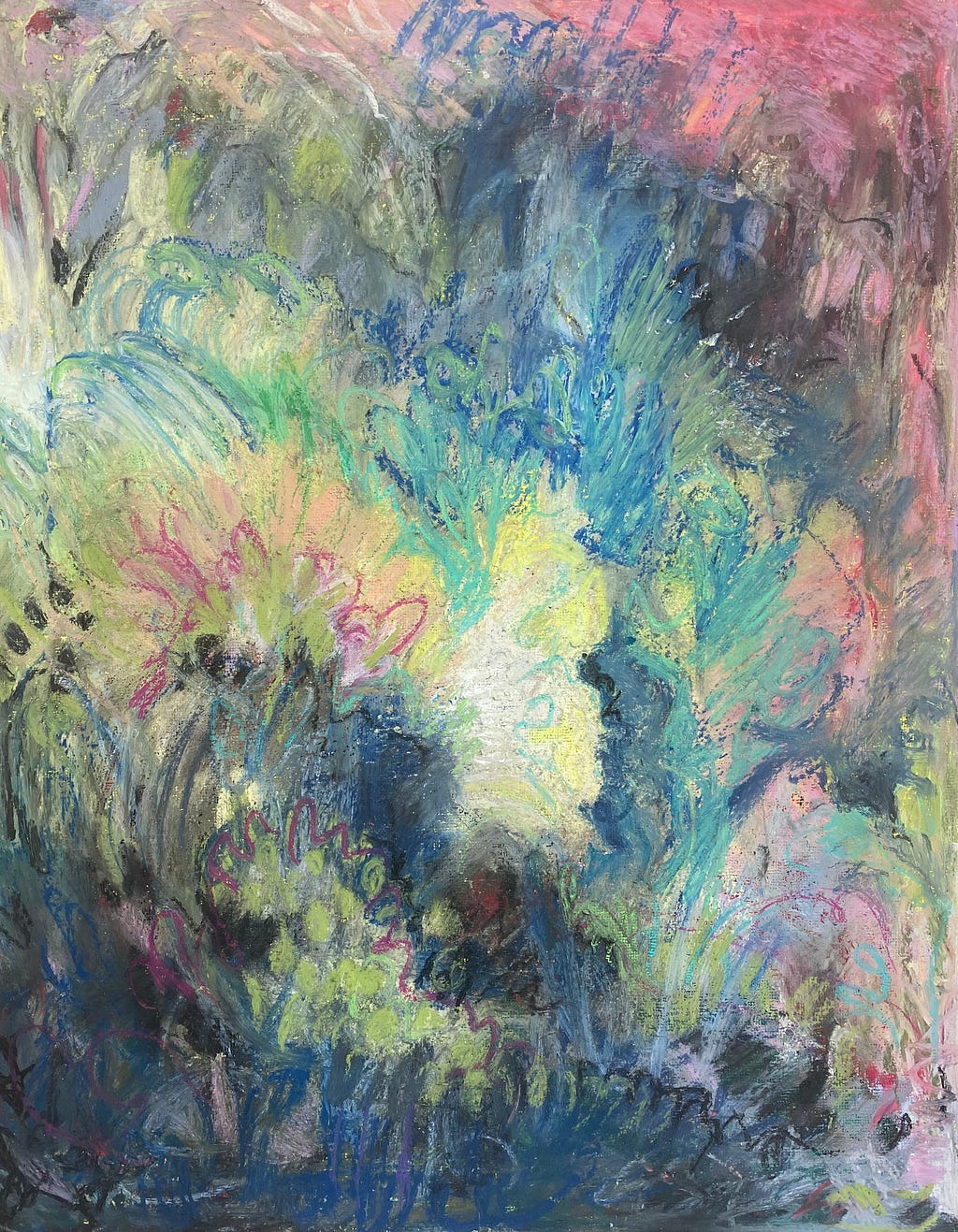 Colorful pastel painting by the author that has swirls and leafy shapes blooming upward out of dark shadows.