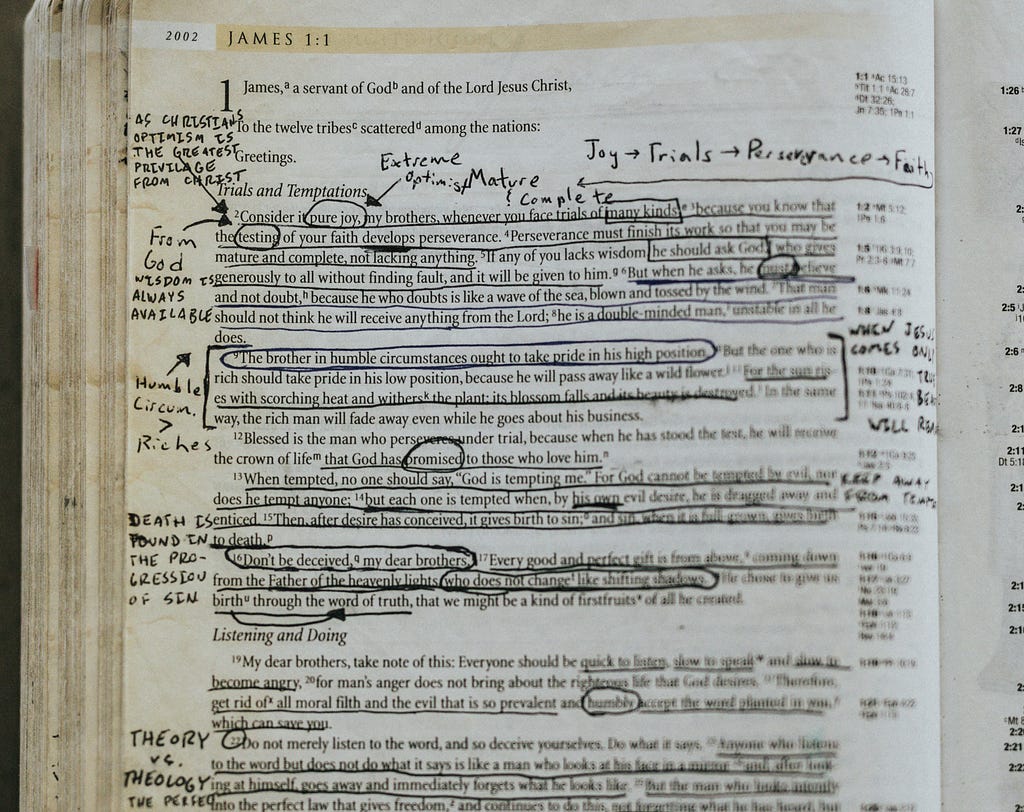Page of a Bible covered with handwritten notes.