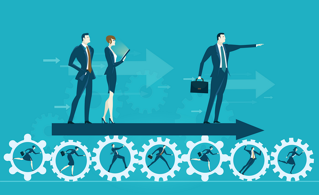 Three business people are standing on top of an arrow pointing forward. Underneath the arrow, there are 7 gears with a person in each one. The gears represent what it takes to move the arrow forward.