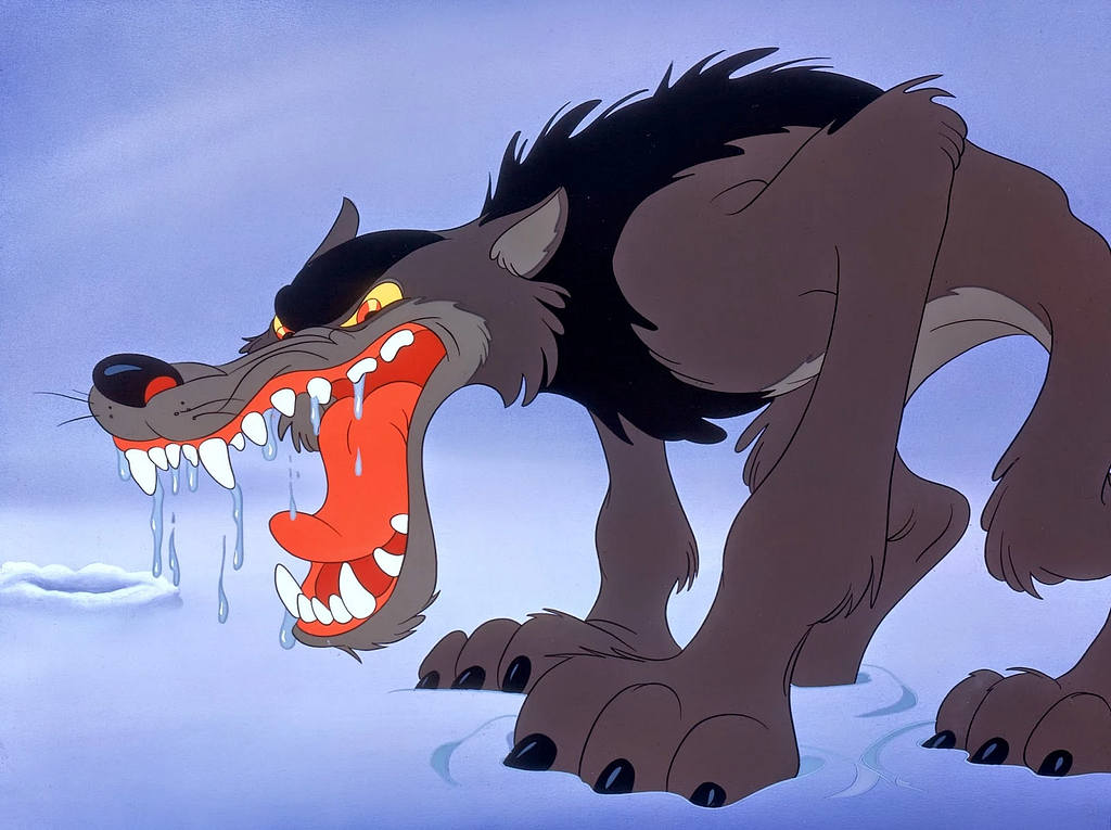 The big wolf from Peter and the Wolf Disney Animation with his mouth open and teeth showing.