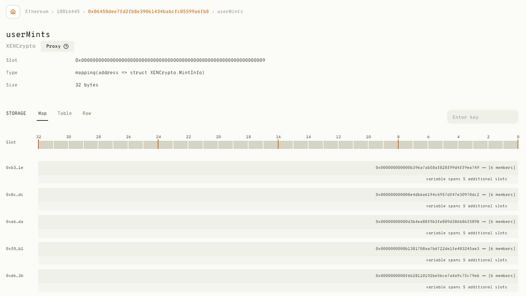 The userMints page for XenCrypto on evm.storage