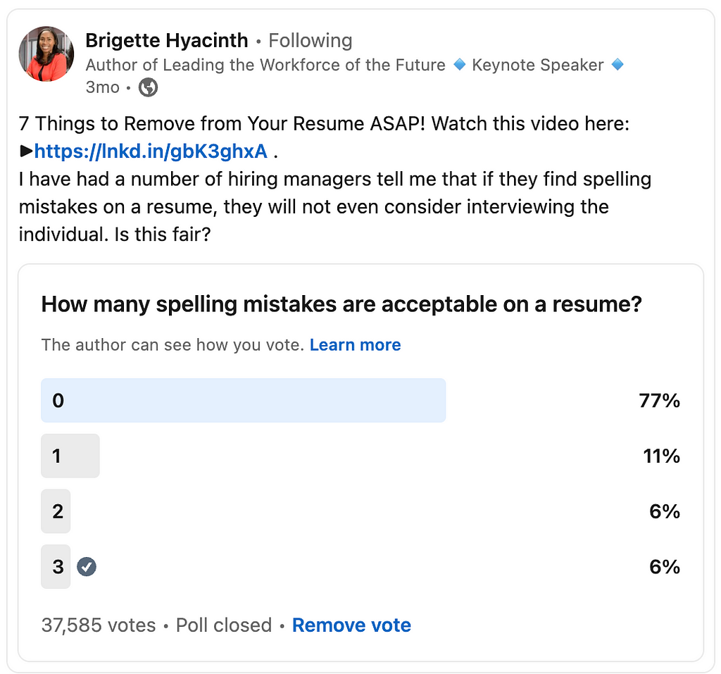 LinkedIn poll from Brigette Hyacinth asking how many spelling mistakes are acceptable on a resume? 77% responded zero, 11% responded one, and 6% responded two and three.