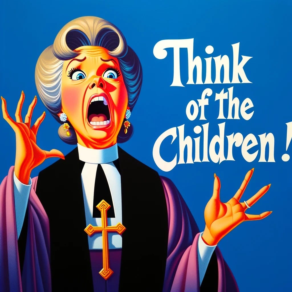 A picture, in the style of 1970s animated films, of a minister’s wife looking horrified and saying “think of the children!”