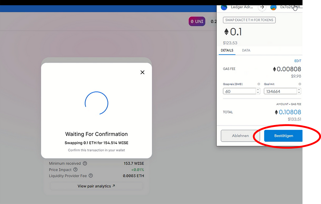 8. Confirm the purchase through your wallet — How to buy WISE Token on Uniswap