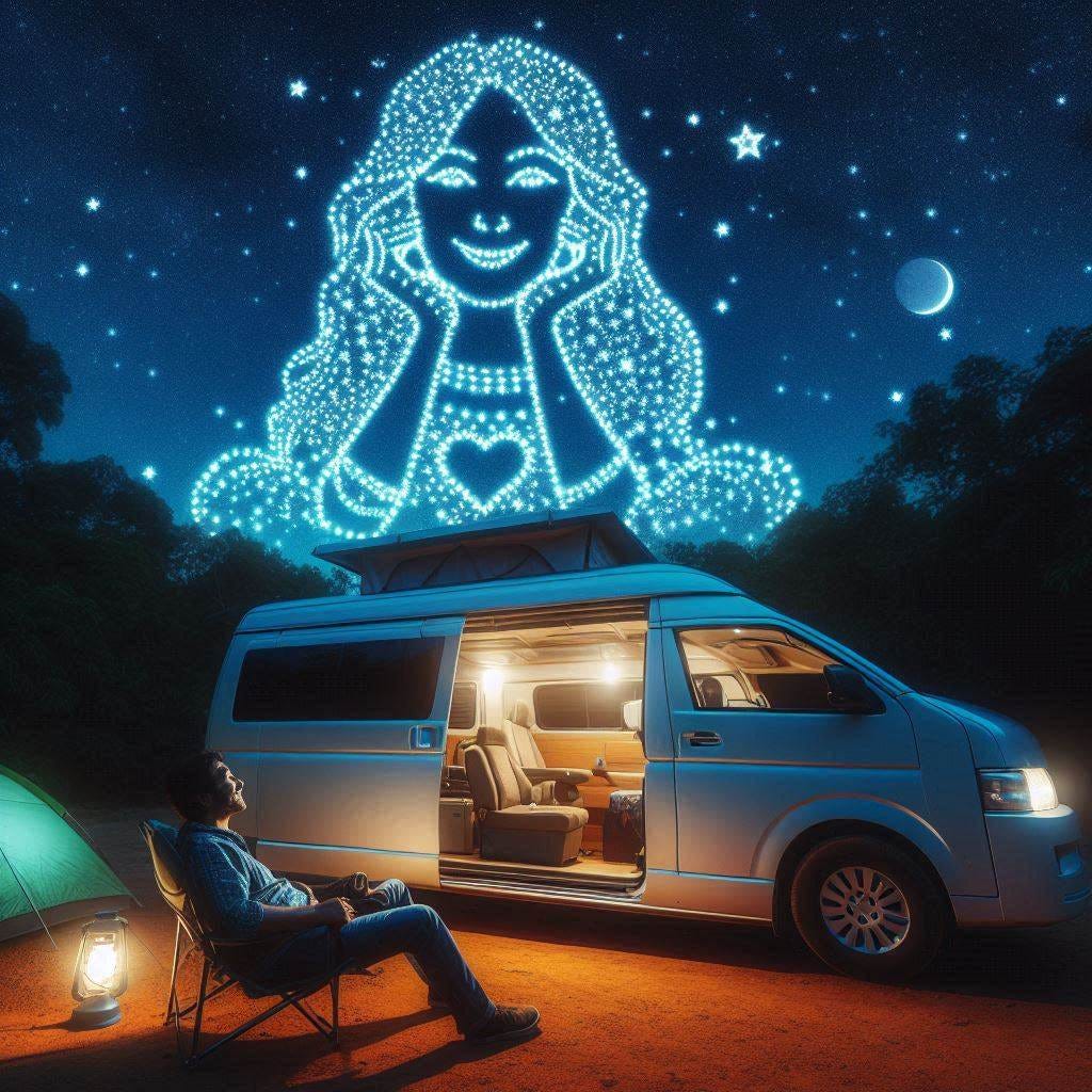 a minivan camper, stargazing at a campsite