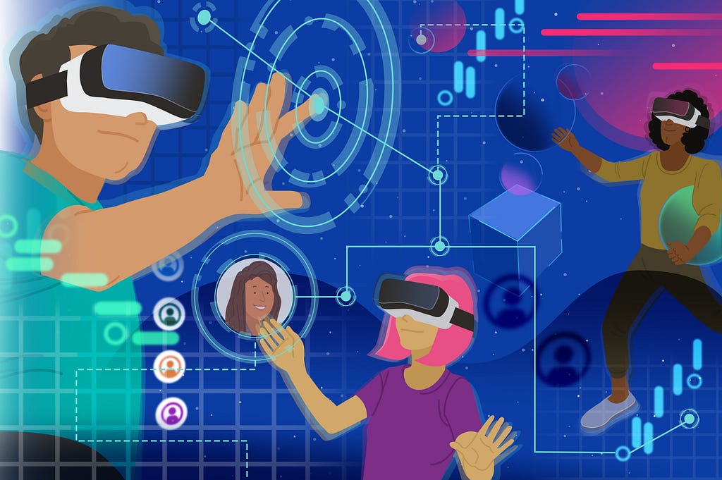 A vision of the Metaverse with people wearing VR headsets interacting within virtual space (Credit to Chris Dodge for the illustration)