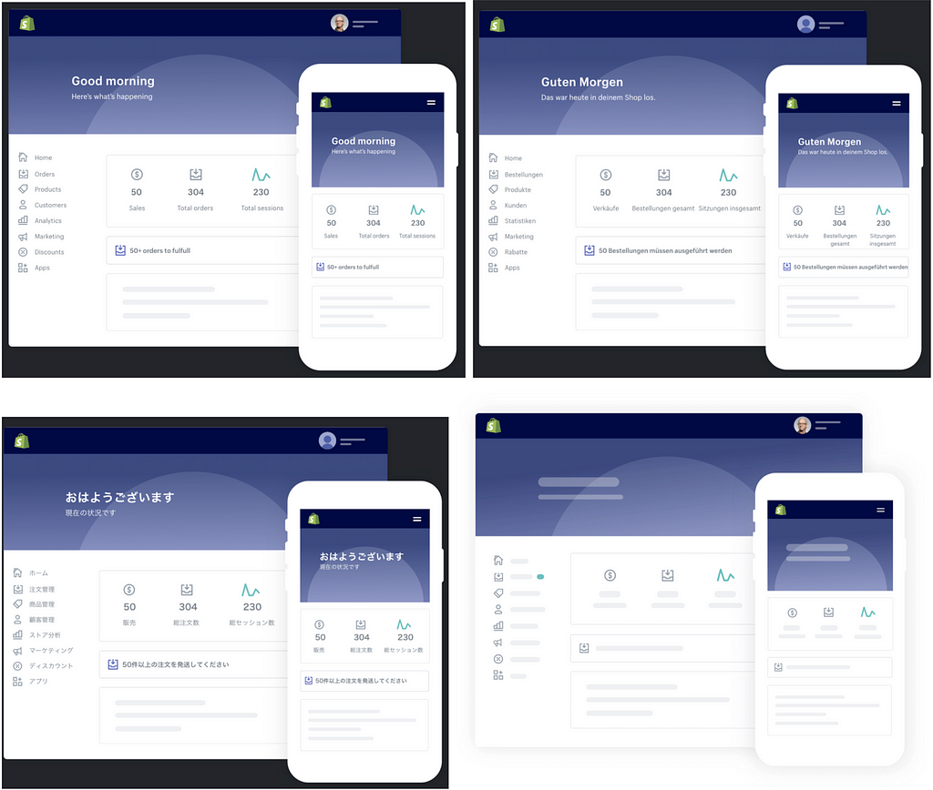 Four versions of the Shopify admin in different languages.