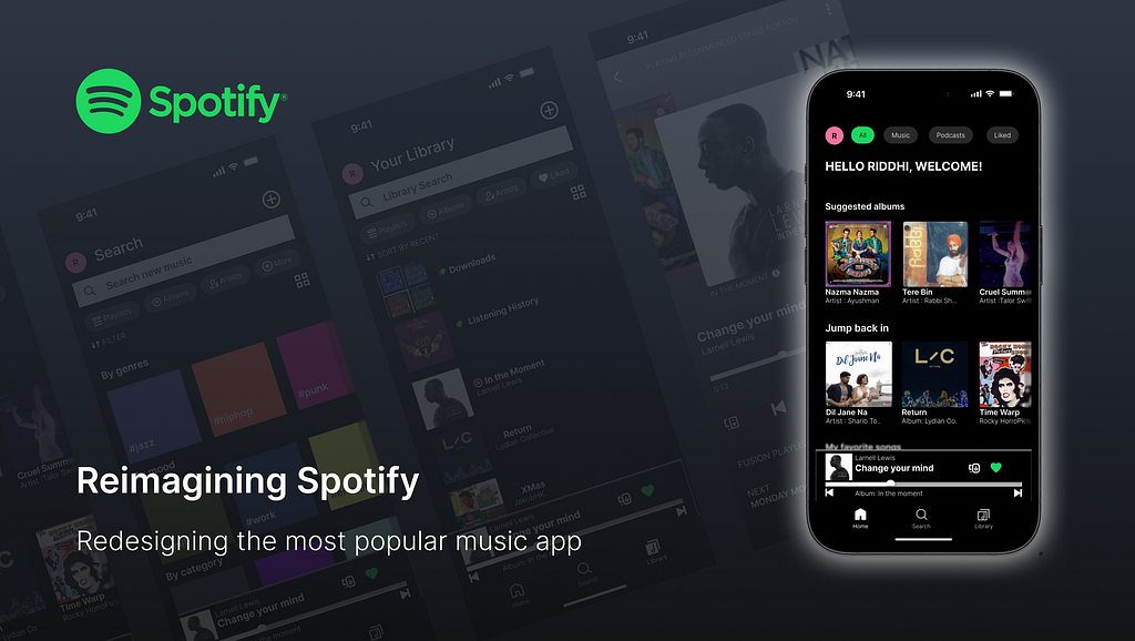 Hero image of redesigning the most popular music app, showing the home screen as a iphone mockup on dar background