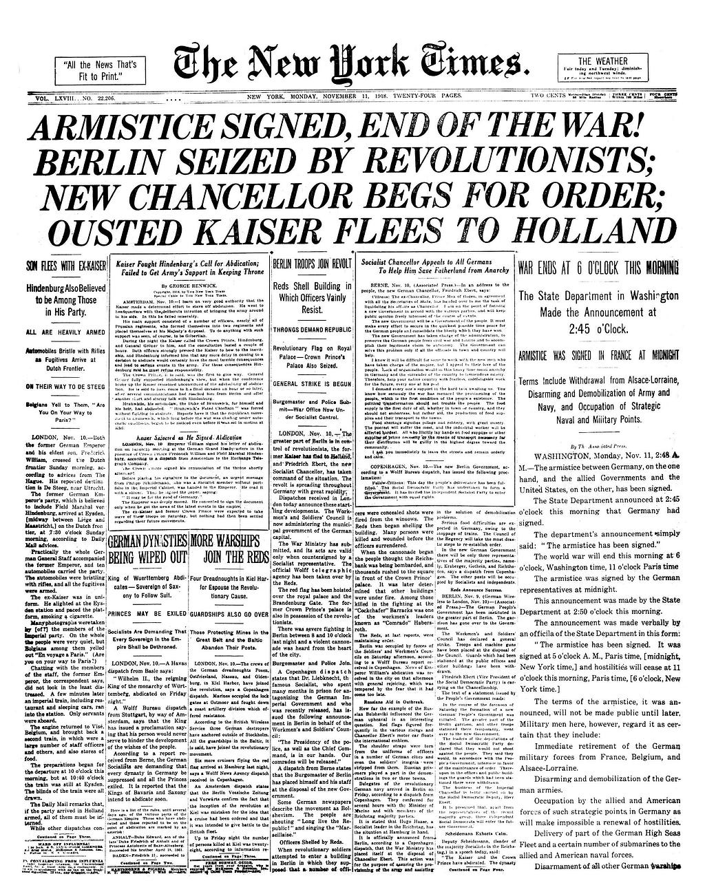 An photograph of the front page of the New York Times, featuring no images, only text.