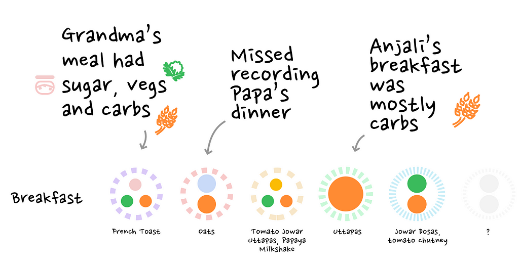 Examples of the thali charts with bubbles representing the food components in each meal, with a ring pattern indicating the cook.