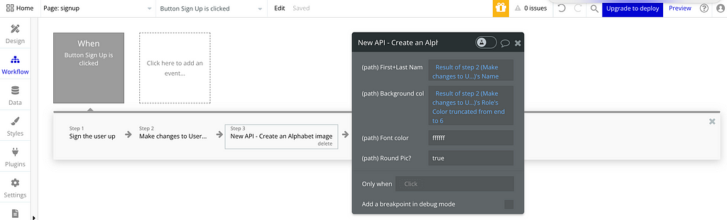 A picture of our API action, showing specified dynamic data for the parameters of our API call.