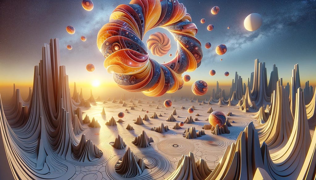 An image showcasing non-traditional geometries in a VR environment. The scene includes elements like Möbius strips, fractal patterns, and other complex geometrical shapes. These elements are arranged in a surreal and visually striking landscape, demonstrating how non-traditional geometries can create unique and immersive VR experiences. The use of these unconventional shapes and patterns challenges conventional spatial logic, offering a glimpse into the creative possibilities of VR environments.