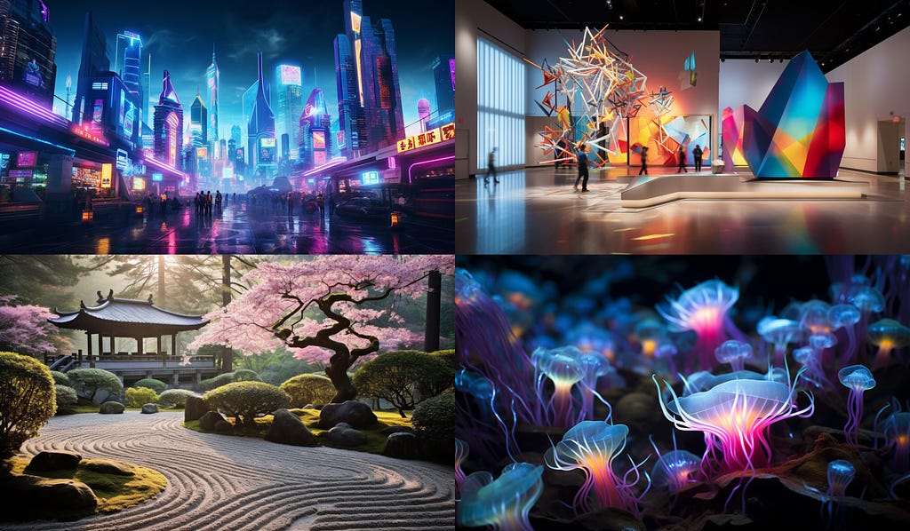 4 images including a cyberpunk city, a modern art installation, a zen garden, and a bioluminescent jellyfish pattern.