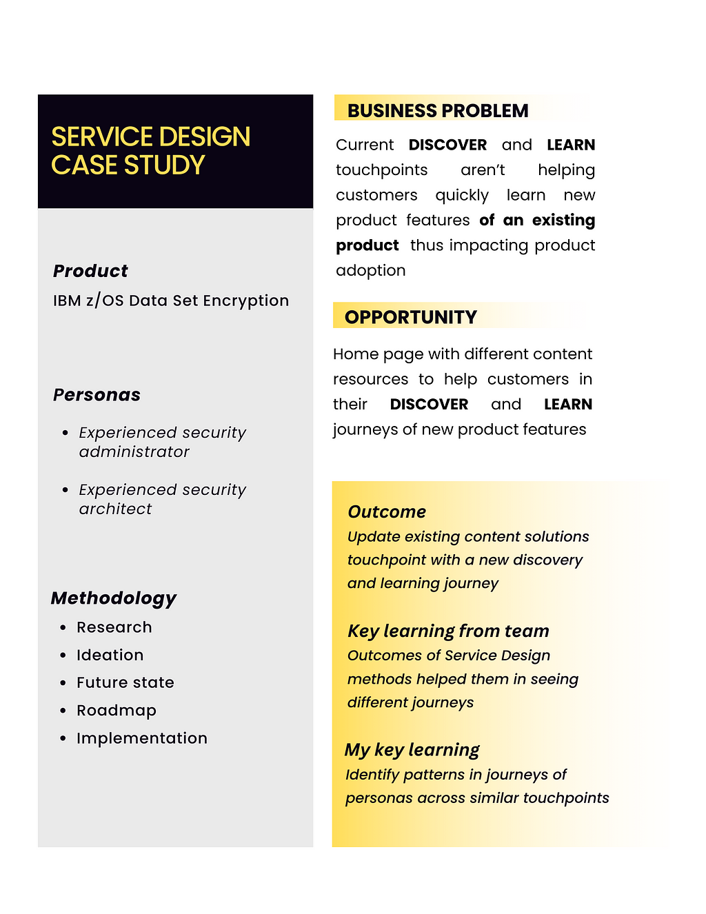 Quick summary of the project containing the details of product, personas, methodology, business problem, opportunity, outcome, key learning from team and service designer