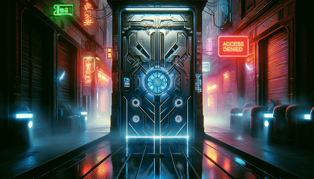 Cyber door closed in the center of the street with neon “access denied”