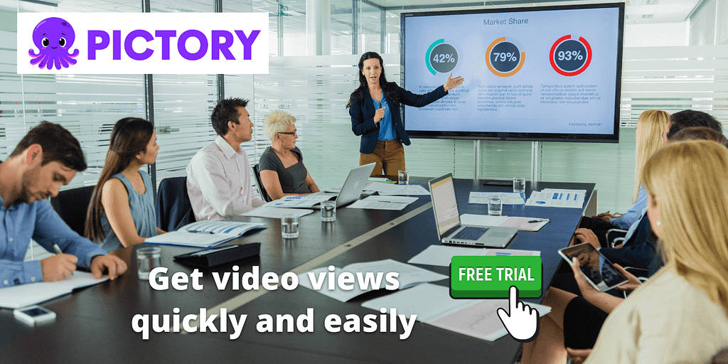 Pictory Ai marketing Image with a female instructor standing in the front training a group of people in the meeting room.