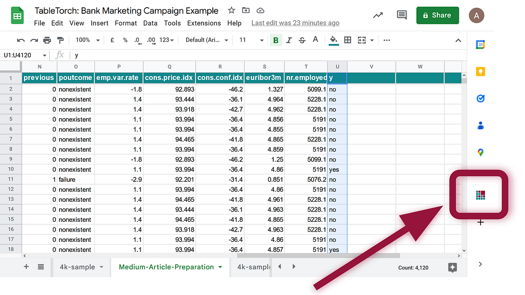 TableTorch, once installed, has a start button on the right-side panel of Google Sheets