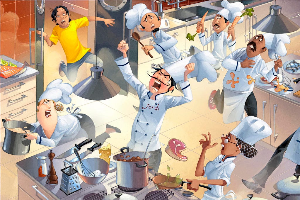angry chef screaming while other chefs panic in a chaotic kitchen by Victor Tavares (represented by Beehive Illustration)