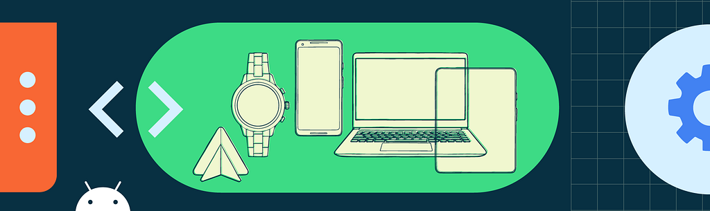 Android banner with phone, watch, and laptop illustrations.