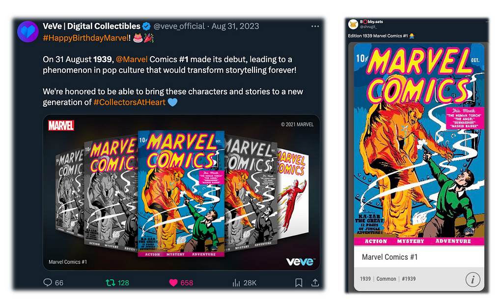 Marvel Comics #1 Digital Collectible Variants on the VeVe App. Bobby.Sats now owns Edition #1939 — the year Marvel Launched one of the most famous comic books in history! Learn more at https://www.marvel.com/articles/gear/first-ever-marvel-digital-comic-collectibles-nft-veve